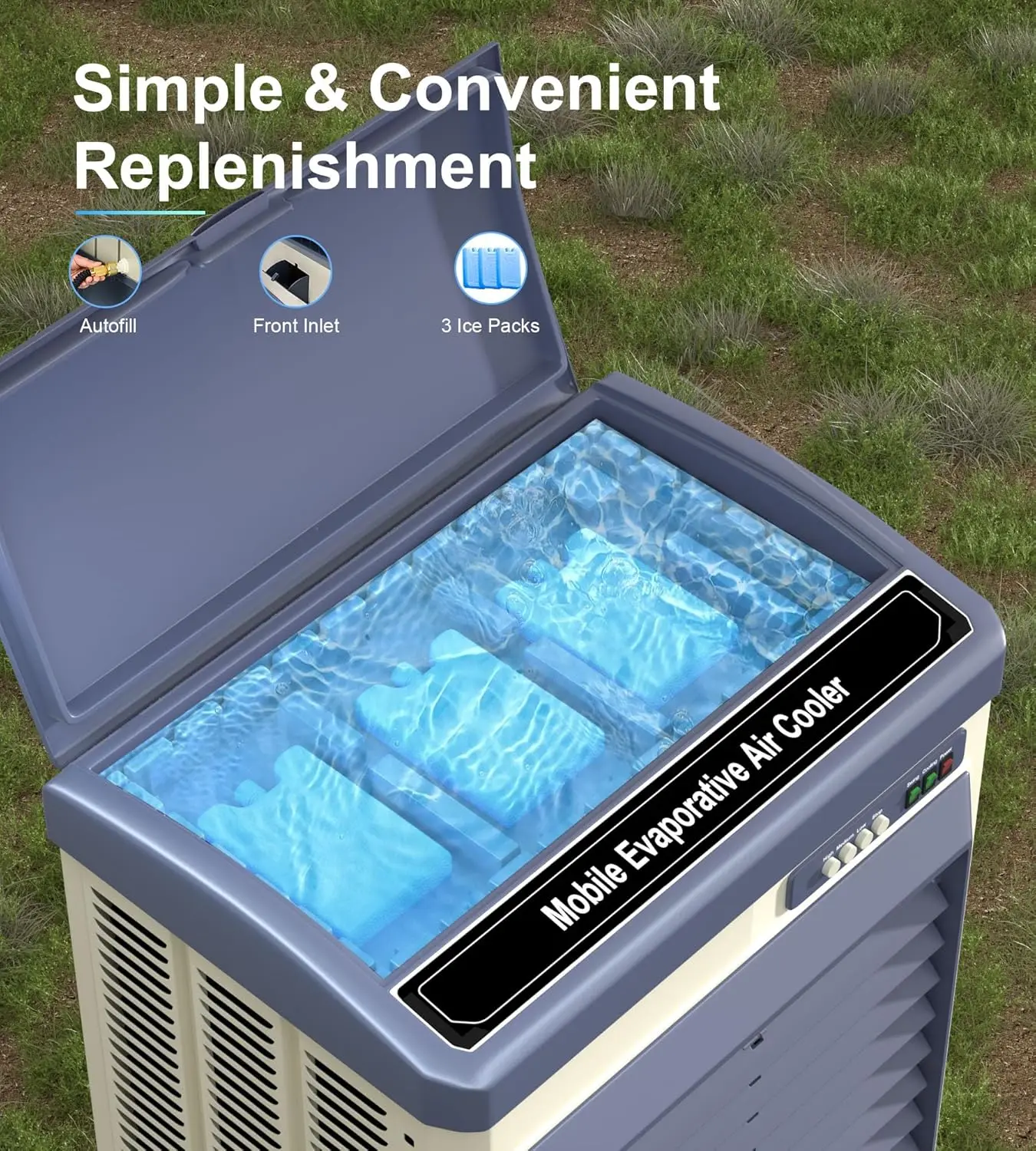 مبرد مستنقع مقاس 41 بوصة، 3 سرعات، 120 °   أرجوحة، خزان مياه سعة 10.6 جالون، 3 عبوات ثلج، مبرد هواء تبخيري خارجي للفناء والساحة