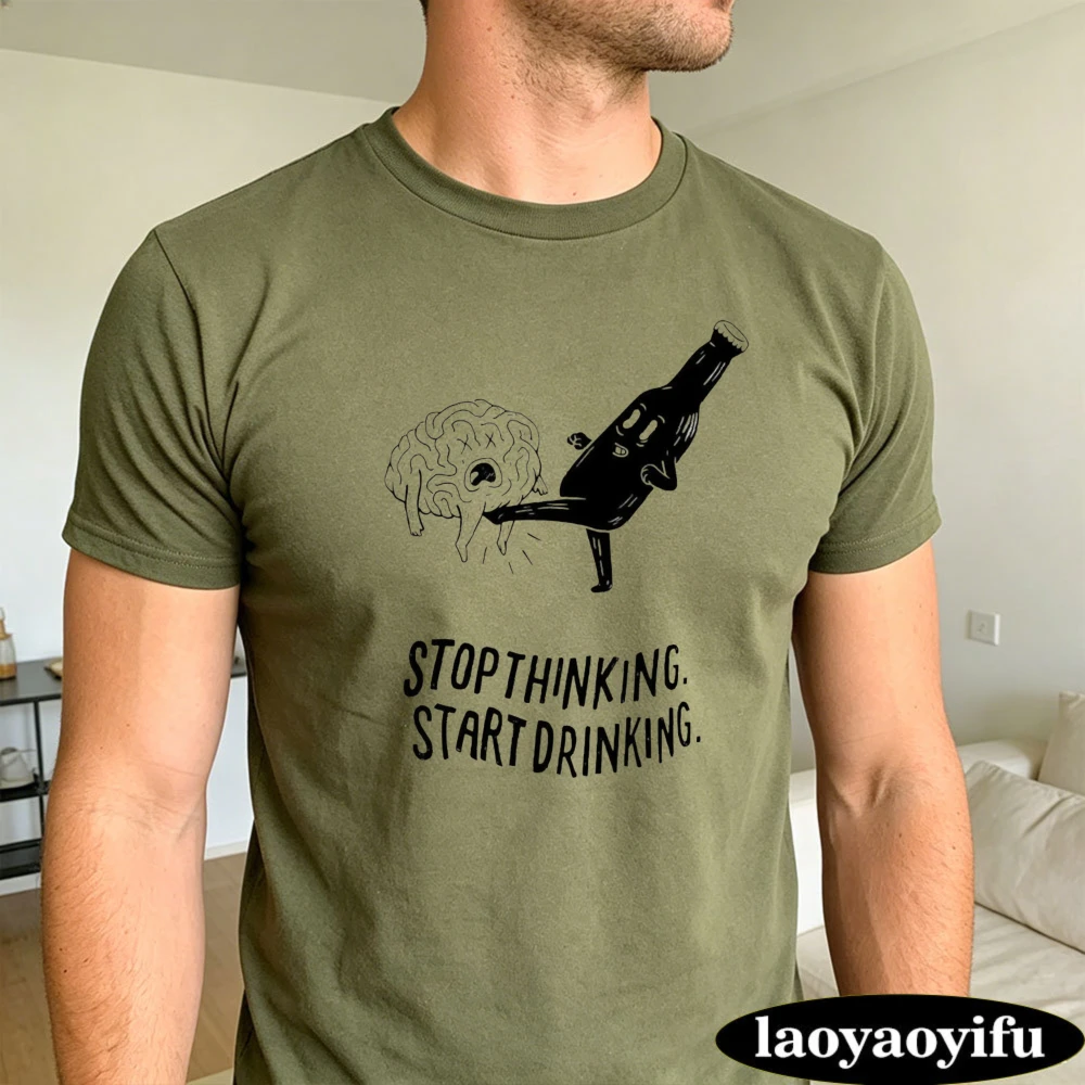 Black Line Brain Kicked Beer Bottle Stop Thinking Summer Men Cotton T-Shirt Bar Party Funny Graphic Short Sleeve Costume