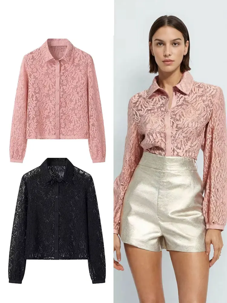 

HH Summer Women's Stylish Sexy Lace Blouse Long Sleeves Lapel Chic Causal Tops Single Breasted Solid Color Retro Shirts
