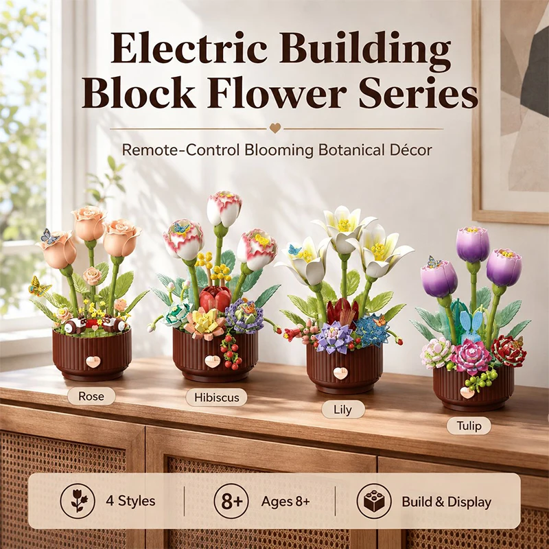 Dynamic Building Block Flower Electric Assembly Rose Bouquet Fairy Atmosphere High-end Decoration For Girl Handmade Wedding Gift