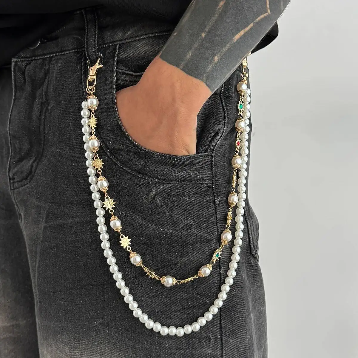 Salircon Luxury Rhinestone Imitation Pearl Keychain Wallet Belt Chain Women Men Punk Trousers Hipster Pant Chain HipHop Jewelry