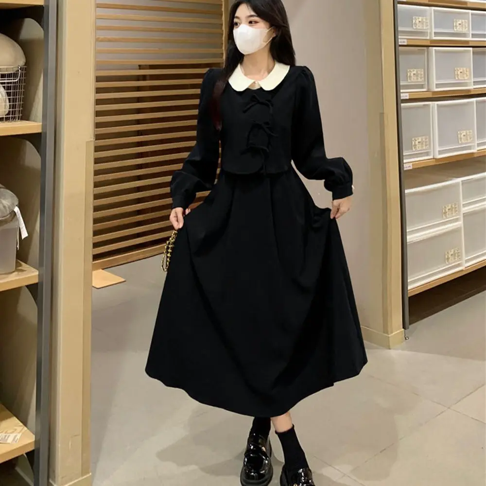 Plus Size 6XL 150kg Autumn Winter Women Long Dress Peter Pan Collar Oversized Loose Dress High Waist Women Maxi Dress