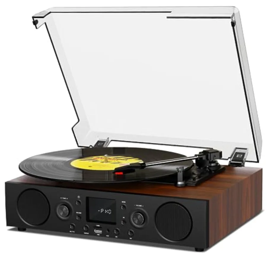 

Vintage Brown Vinyl Record Player with Built-in Speaker Bluetooth Turntable 3 Speed USB Recording FM Radio RCA Out AXU-in for M