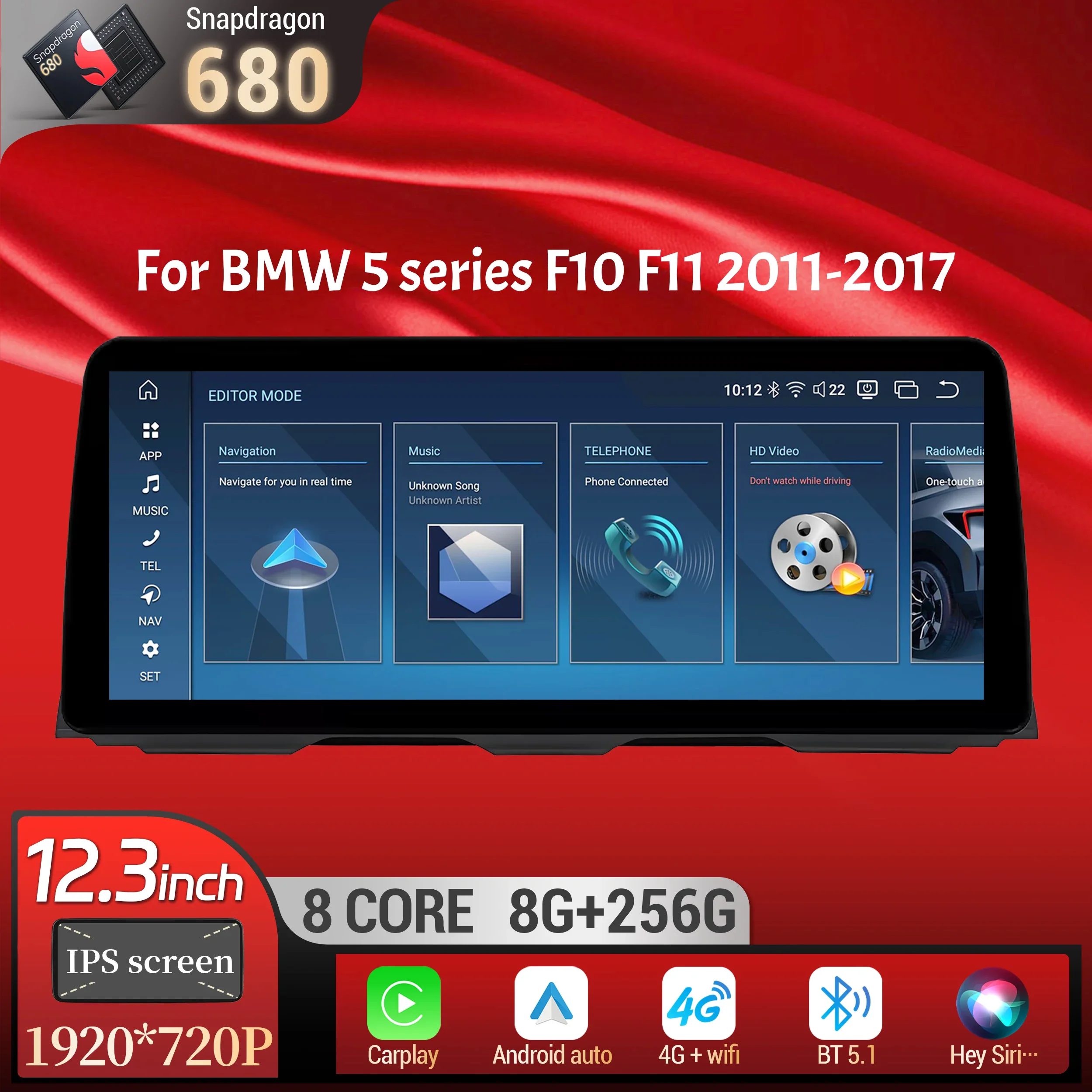

12.3 inch Android 13 For BMW 5 series F10 F11 2011-2017 GPS Car Radio Wireless BT Carplay Head Unit Snapdragon 680 Touch Screen