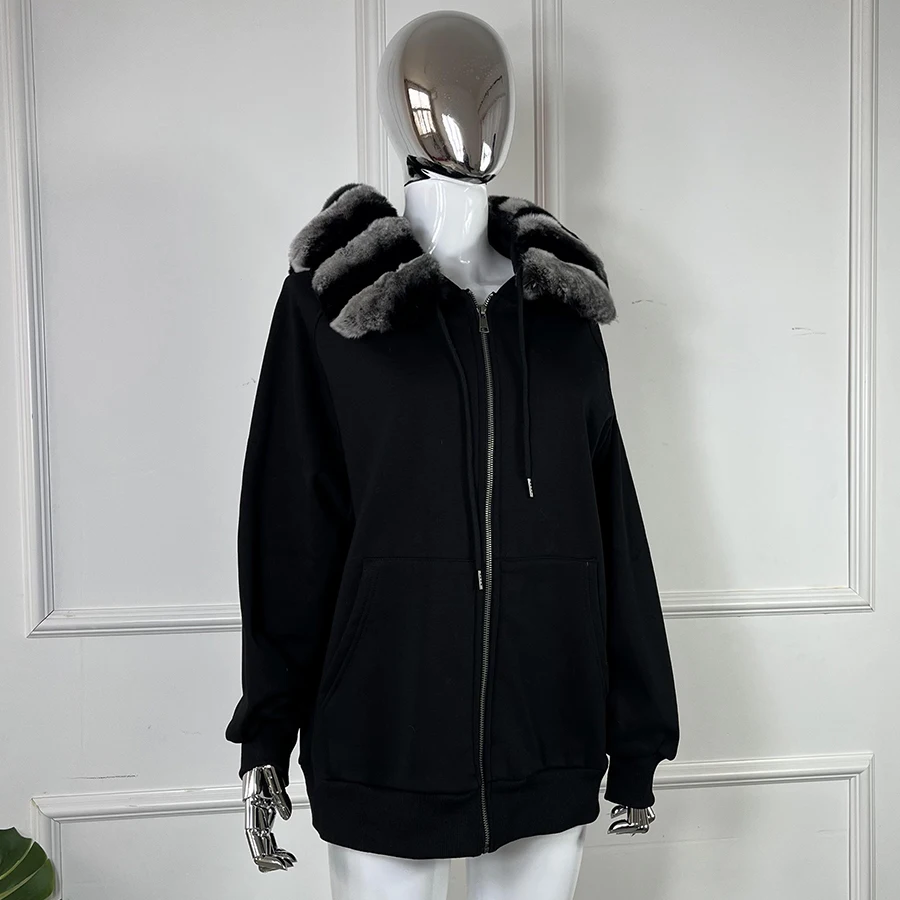 Veste à capuche en fourrure de lapin Rex pour femme, véritable cachemire chaud, luxe, automne, hiver, nouveau