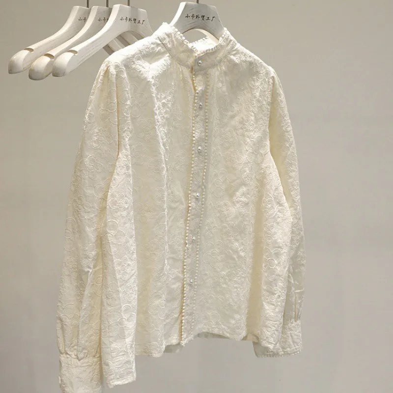 

Stand Collar Long Sleeve Shirt Embroidered Small Flower Blouse for Women