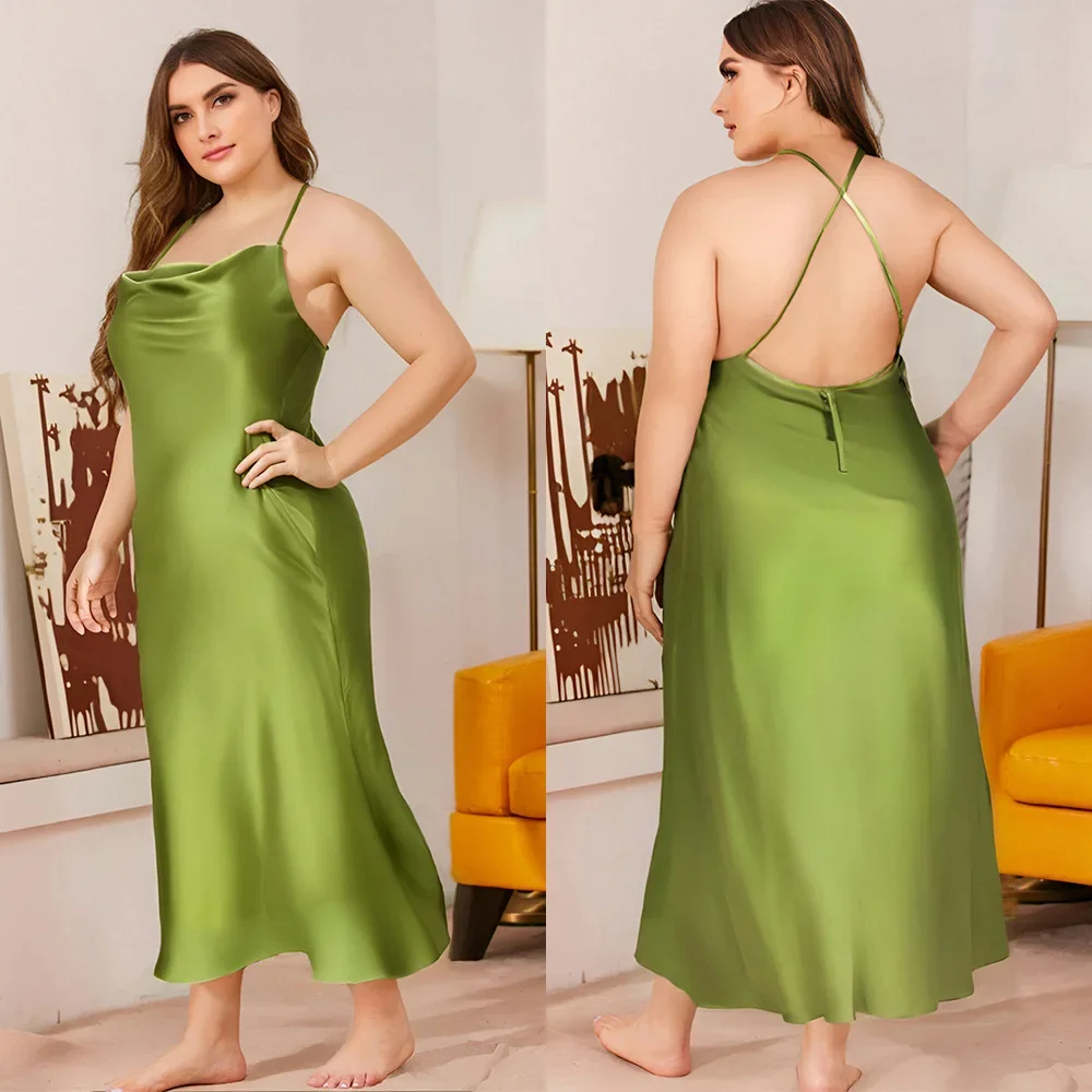 

Plus Size Green Long Nightgown Female Chemise Sleepwear Home Clothes Sexy Deep V-neck Split Nightdress Lingerie Silky Homewear