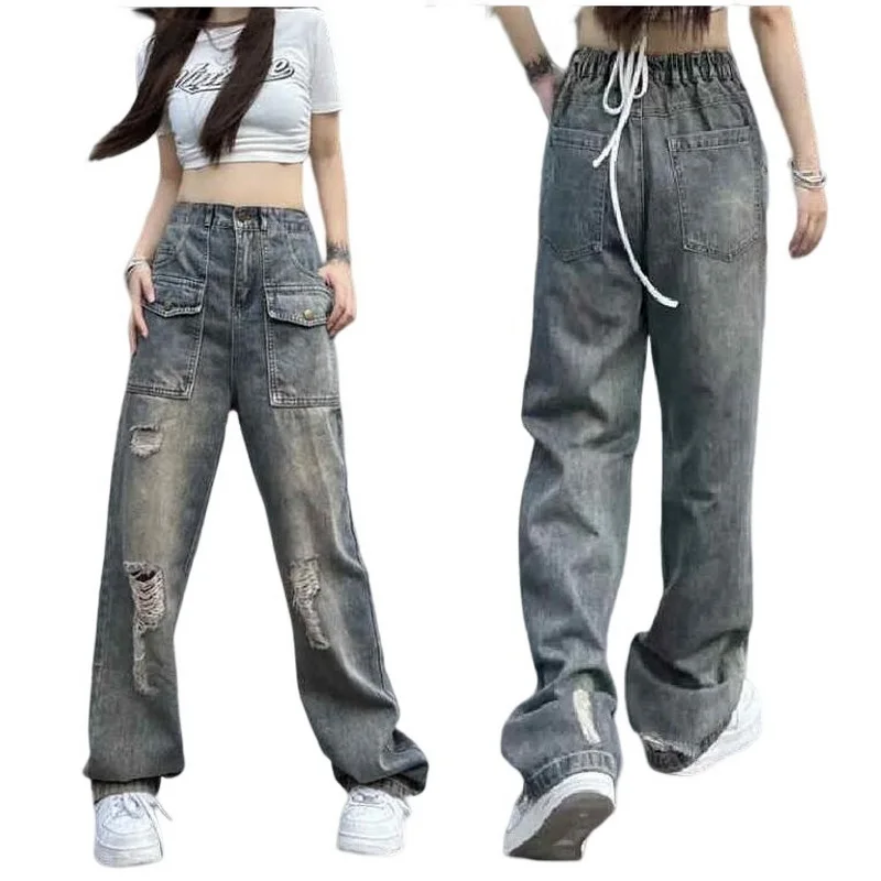 Holes Jeans Women Broken Denim Pants Schoolgirl Design High Street  Straight Jeans With Big pocket