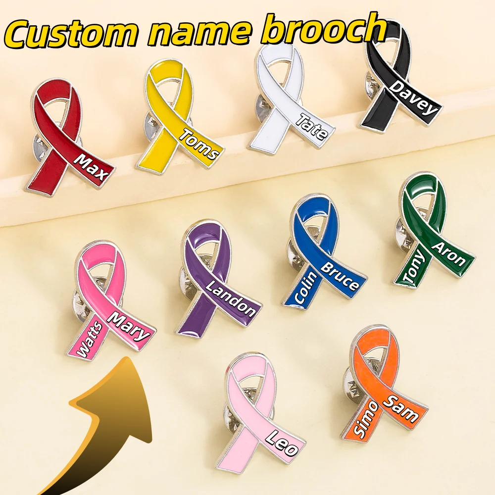 Custom Name Metal Enamel Bow Brooch Awareness Ribbon Pin for Women Men Colorful Drip Oil Badge Clothing Accessory Lapel Pin Gift