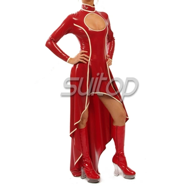 Suitop latex glued long dress red color with white trim