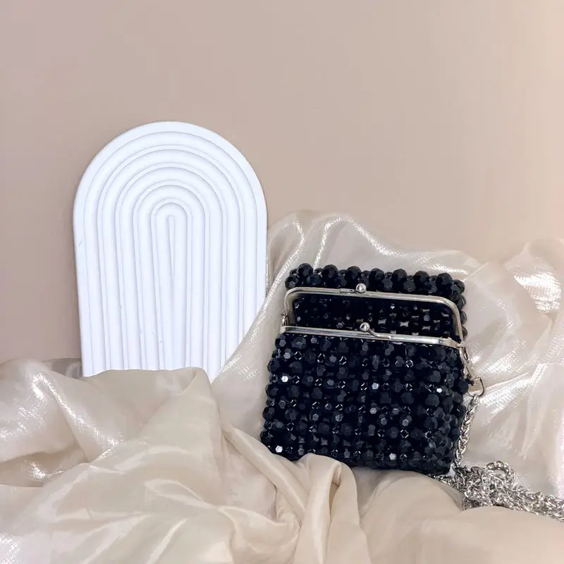 Vintage Black Beaded Clutch Bag with Chain Elegant Evening Party Crossbody Luxury Brand Purse for Women Designer Bags view 5