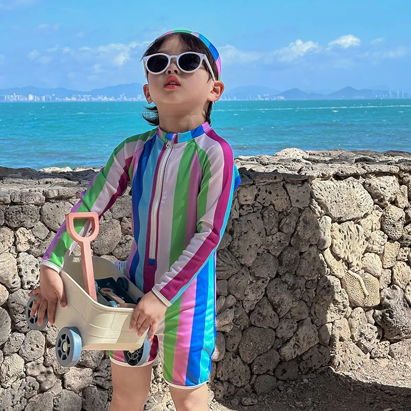 Summer Kids One-piece Swimsuit Baby Boys Long Sleeve Zipper Quick-Dry Rainbow Striped Surfing Suit Swimwear Toddler Bathing Suit