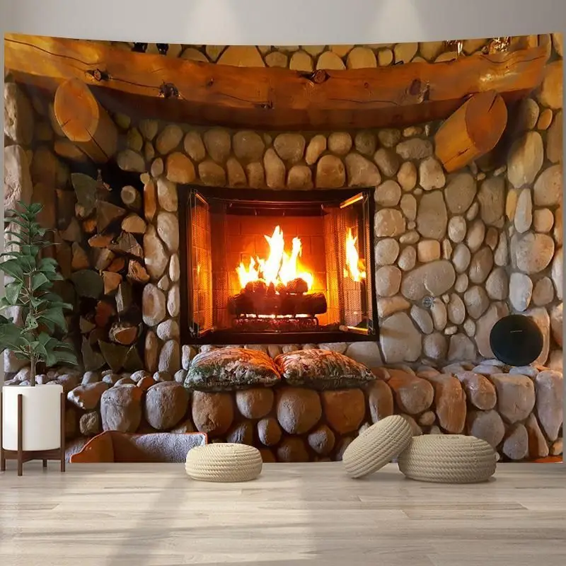 VIKAMA Rock Hearth Fire Burning Horizontal Tapestry Wall Hanging for Apartment Cozy Aesthetic Elegant Stylish Home Decor