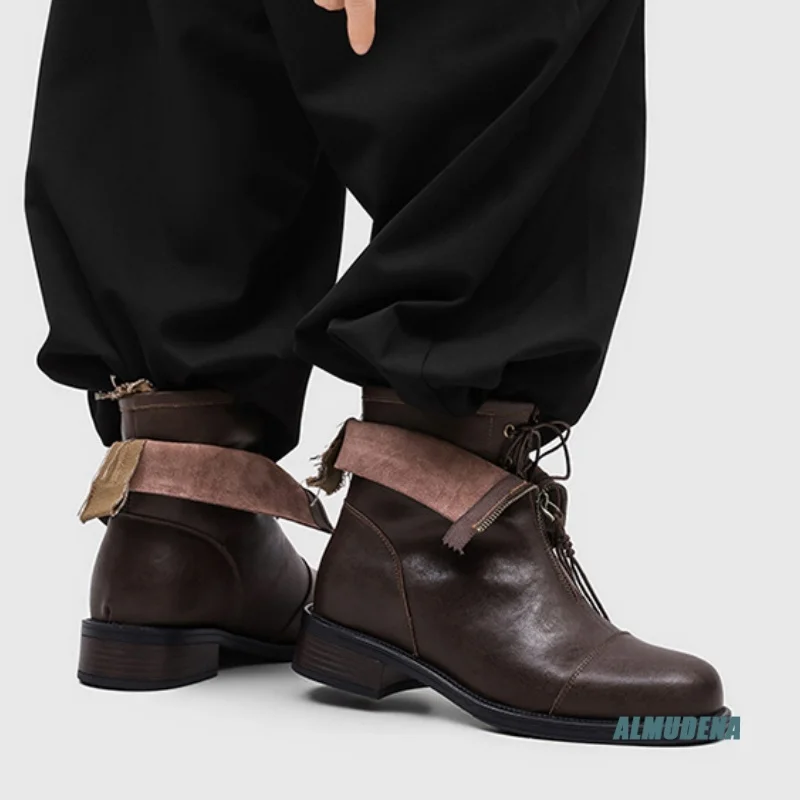 Brown Leather Suede Patchwork Lace-Up Combat Boots Men's Round Toe with Zipper Foldable Casual Street Style Outdoor Ankle Boots