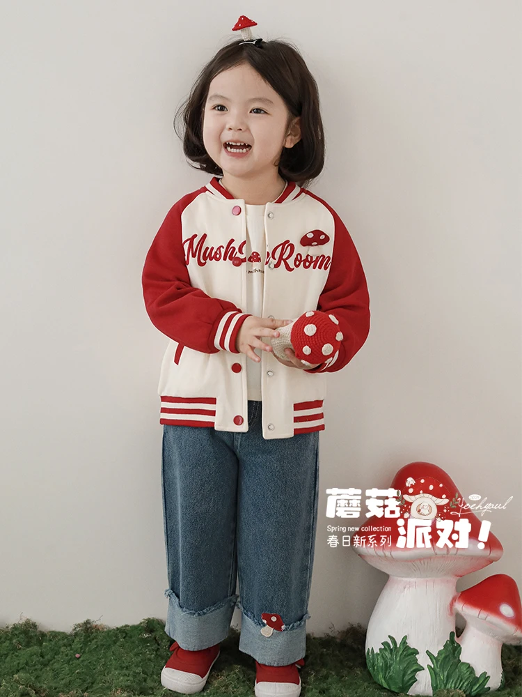 Girl's Polka Dot Mushroom Exquisite Embroidered Jeans Spring Children's Contrasting Color Straight Leg Pants