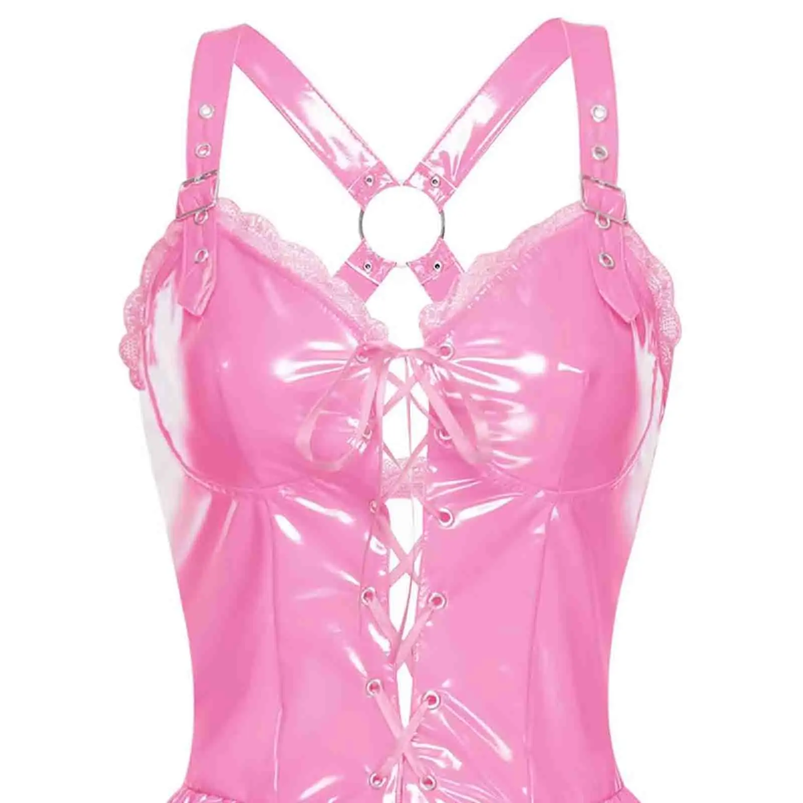 

Women Sweet Pink PU Leather A-line Dress Front Lace-up Floral Lace Trim Mini Dress for Night Out Club Raves Party Dating Dress