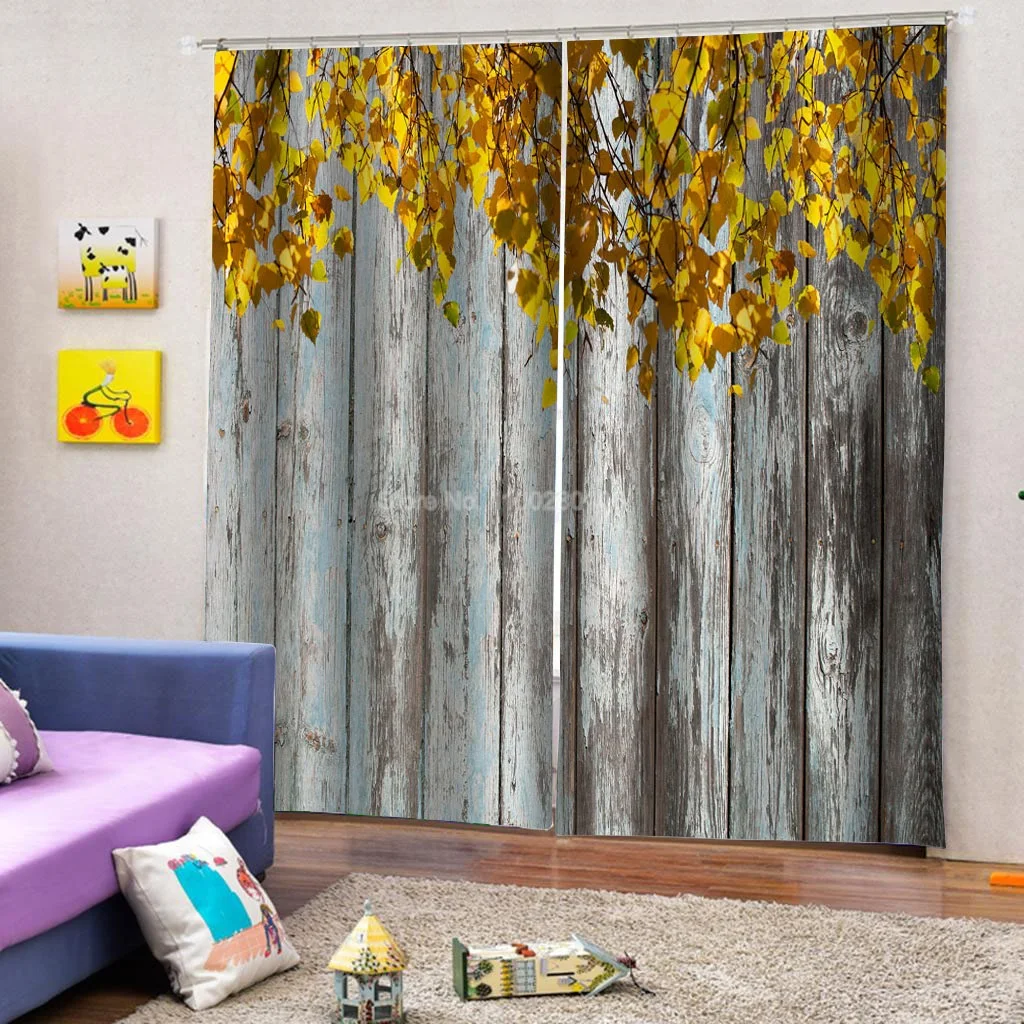 Colorful Wood Plank and Wood Grain Farm Wooden Door Living Room Curtains for Bedroom Window Treatment Drapes