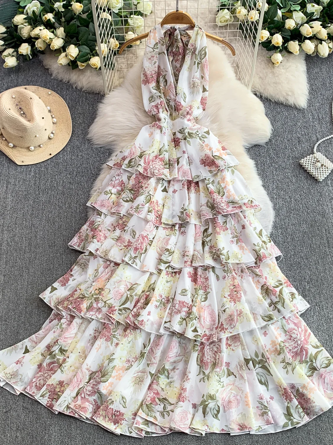 

Sexy Vacation Backless V-Neck Hanging Neck Dress Women Summer Romantic Printed Multi-Layer Cake Long Dress A-Line Skirt