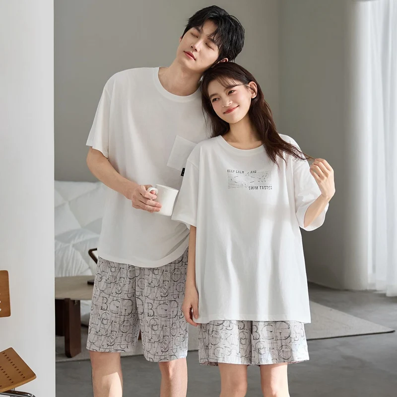 

2026 Summer Couple Short Sleeve 100% Cotton Pajama Sets for Men Korean Loose Sleepwear Suit Pyjamas Women Homewear Home Clothes