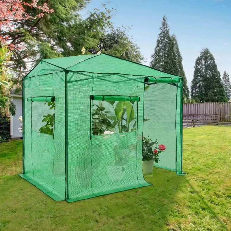 Home.8x6 Portable Walk-in Greenhouse, Pop-up Indoor Outdoor Garden Green House, Zippered Door and Window, PE Cover, Green