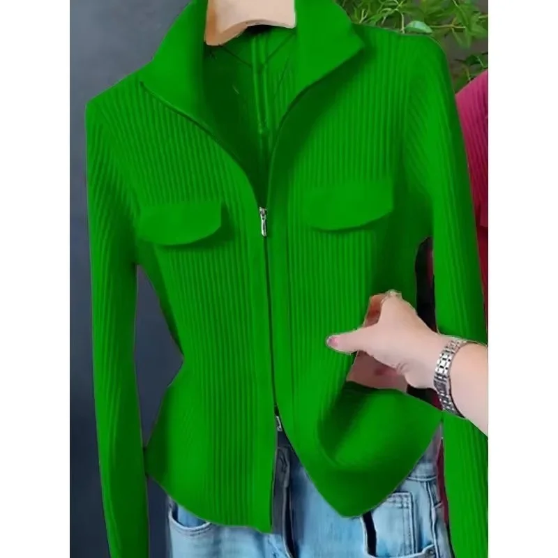 Spring Autumn Women Knitted Sweater Cardigan Short Jacket 2026 New Korean Fashion Zipper Solid Turn-Down Knit Coat Female Tops