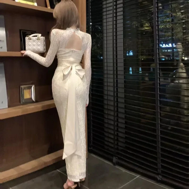 Sexy Solid Lace Patchwork Long Dress Women Shoulder Sheer Lace Up Slim Fit Bodycon Dresses Spring Elegant Long Sleeve Party Robe