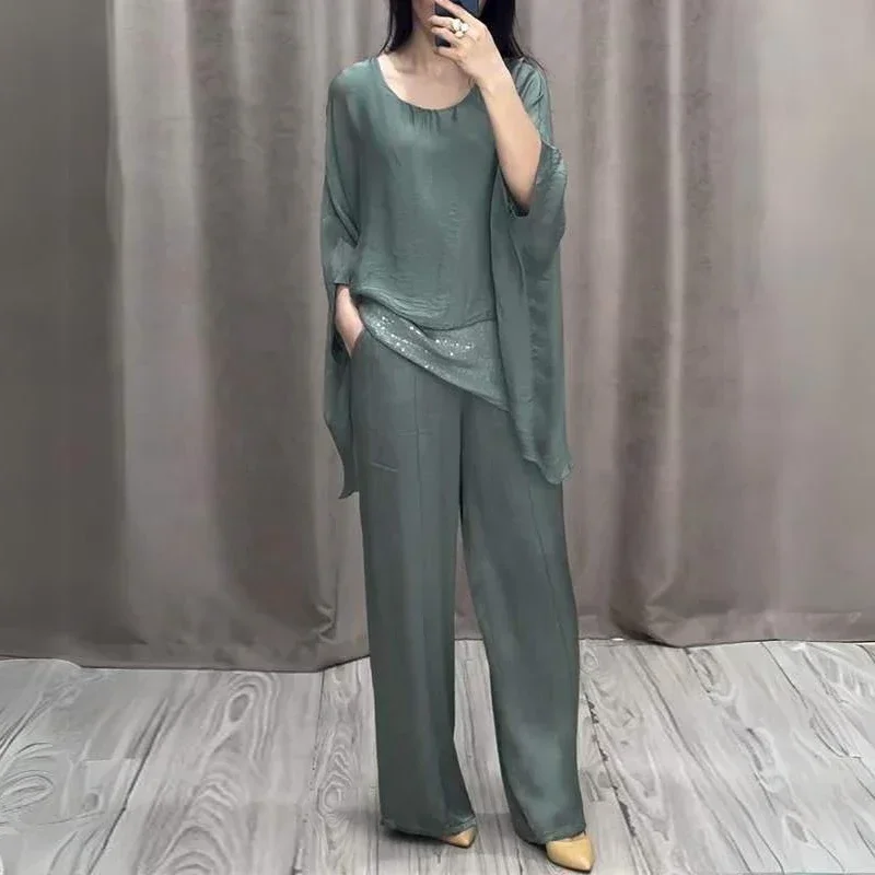 

Spring Splicing Sequin Solid Color Casual Set Women Retro Round Neck Top Pullover Pants Suit Summer Batwing Sleeve Loose Outfit