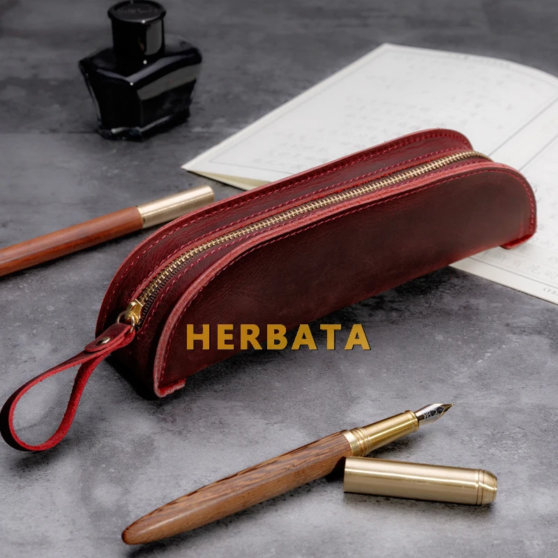 Hand-crazy horse leather zipper pencil case stationery vintage pen pouch school supplies storage pencil bag cartuchera container