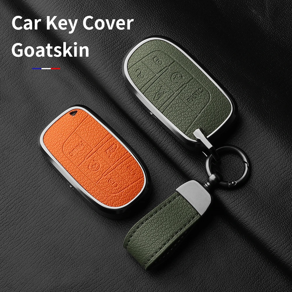 Aluminum Alloy Goatskin Car Key Case Cover For Dodge Challenger Hellcat SRT Remote Control Protector For DODGE SRT Accessories