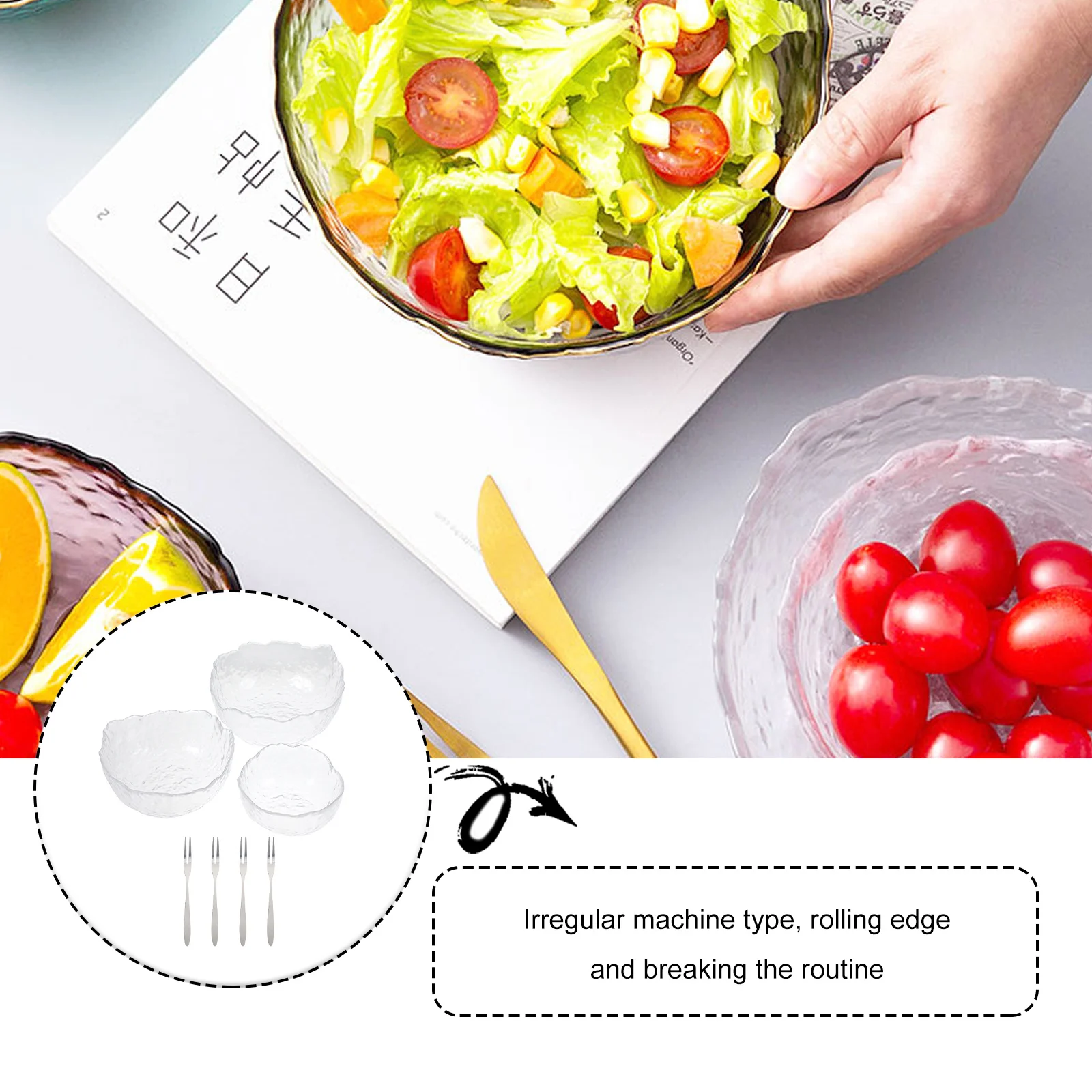 

3Pcs Glass Salad Bowls Clear Practical Material Fruit Dessert Kitchen Forks Glass Bowl Salad Bowl with Fork