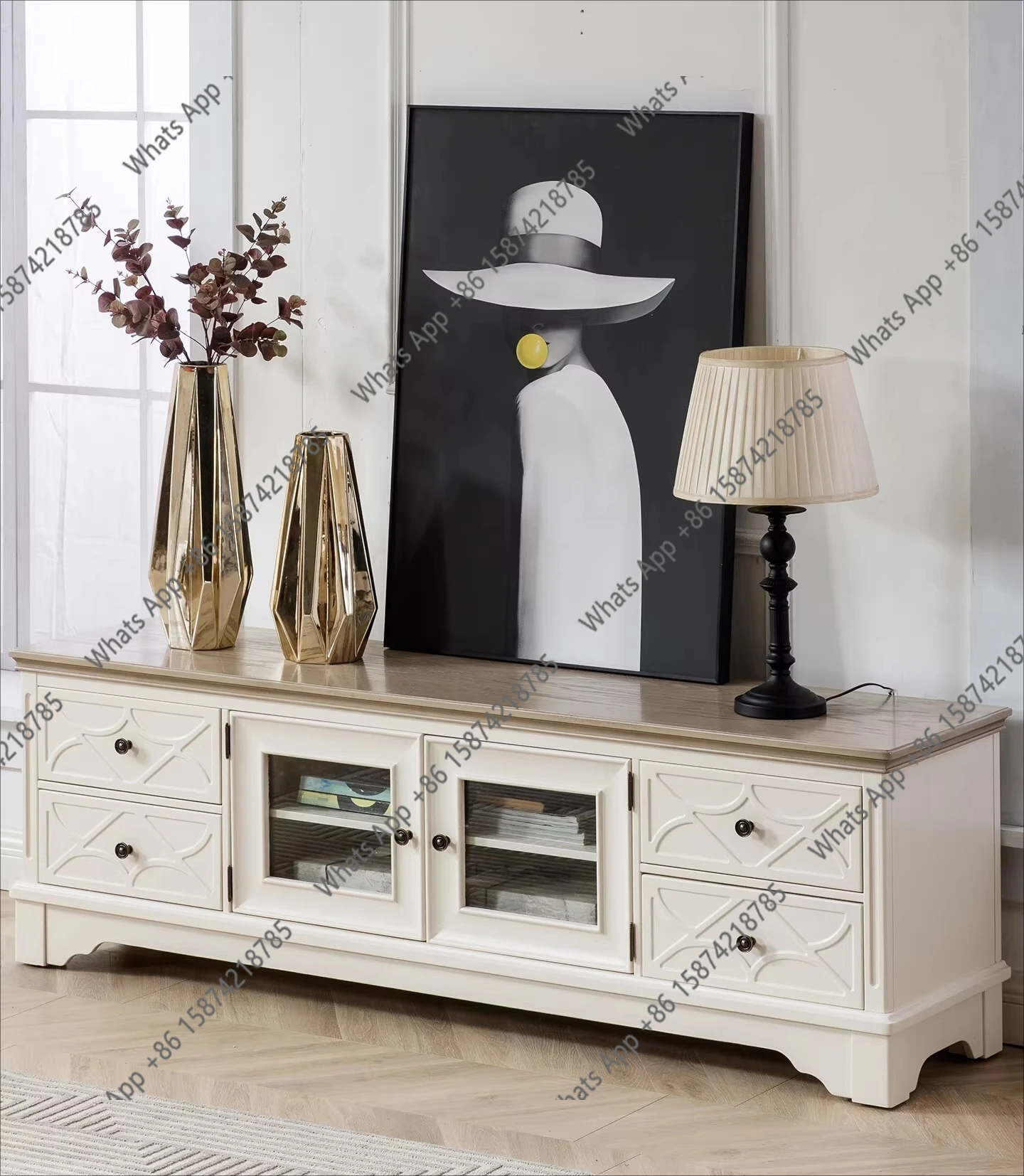 

American TV cabinet carved French European Mediterranean pure solid wood bed and breakfast furniture vacation room living room