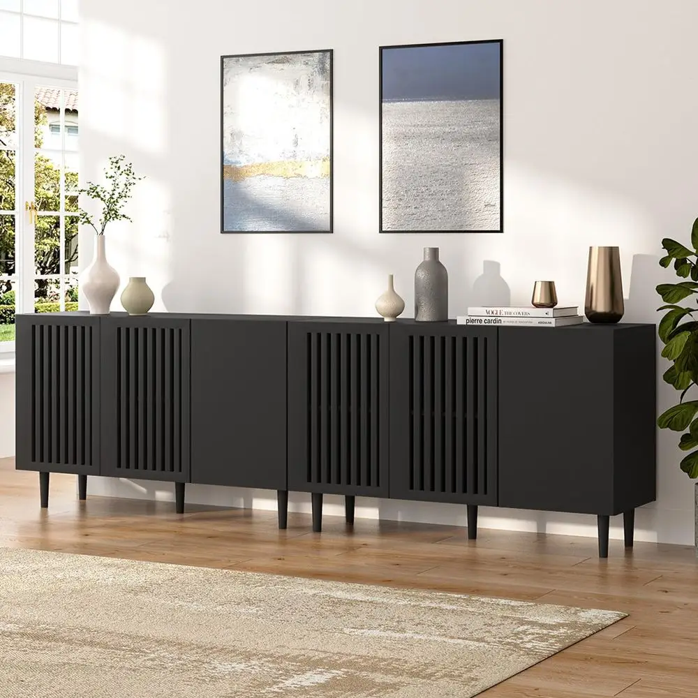 Modern Buffet Cabinet, 94.4 TV Stand with 6 DIY Doors and Adjustable Shelf, Sideboard Coffee Bar Cabinet with Solid Wood Feet fo