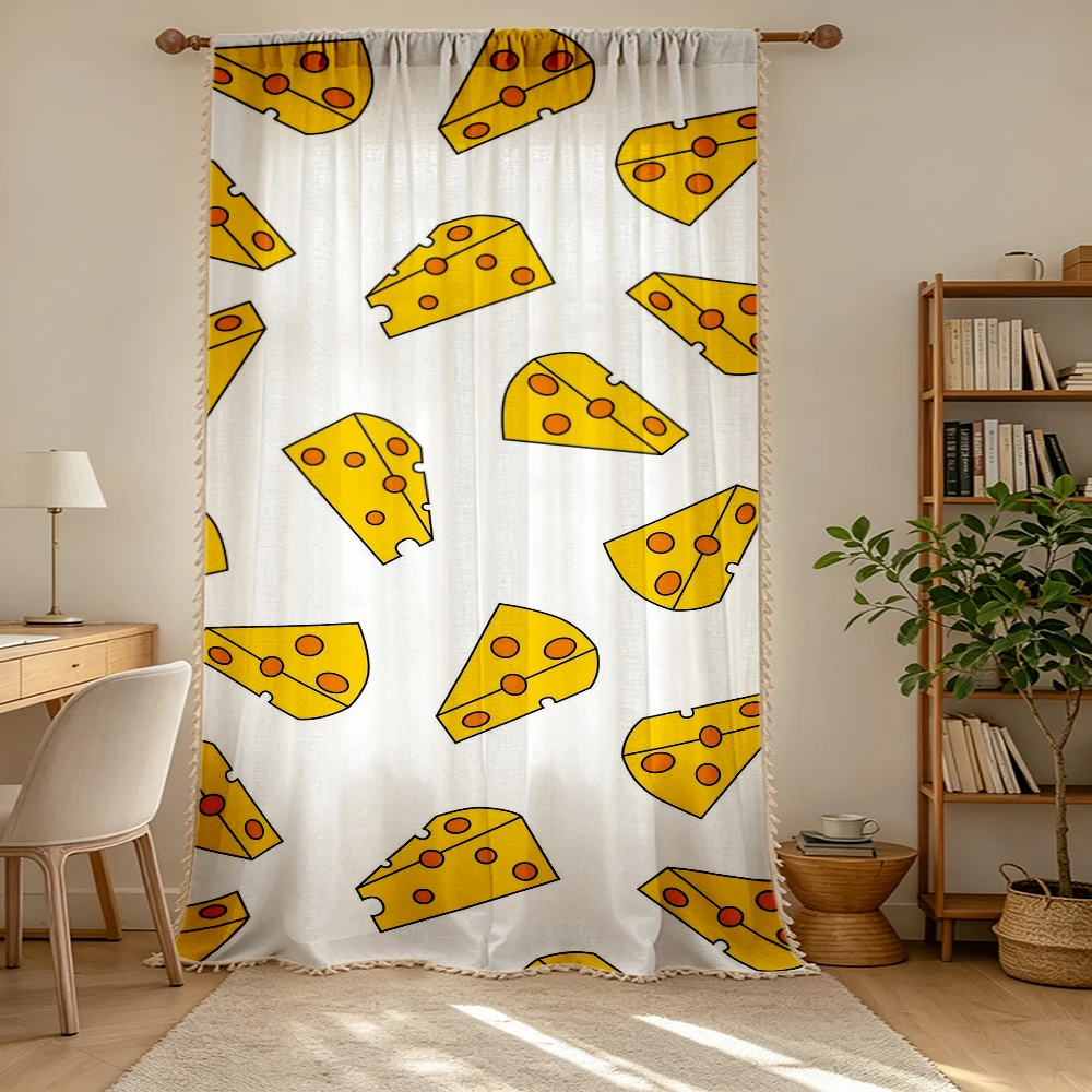 1PC Cartoon Tassel Sheer Curtains, Yellow Cheese Slice, Digital Print, Linen Polyester, Bedroom Living Room Kids, Home Decor