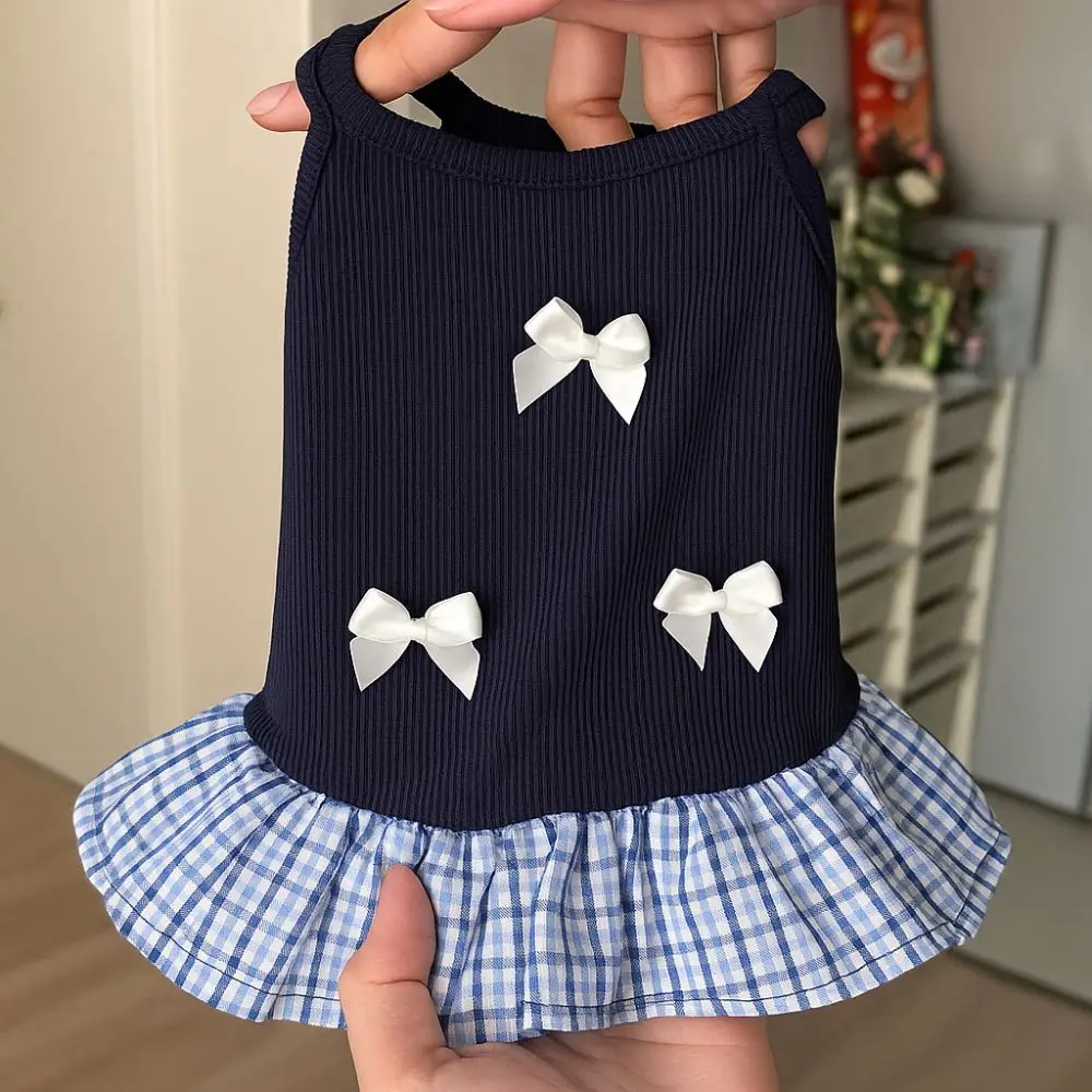 

Comfort Korean Style Dog Princess Skirt Thin Soft Cat Bow Dress Bowknot Plaid Breathable Pet Strap Dress for Puppy Cats
