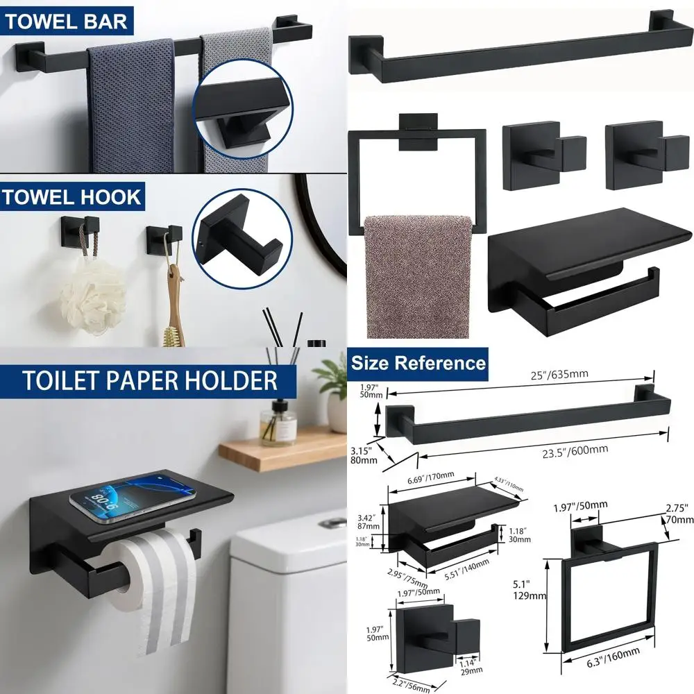 

Matte Black 5-Piece Bathroom Accessory Set: 24 Stainless Steel Towel Rack, Holder & Shelf