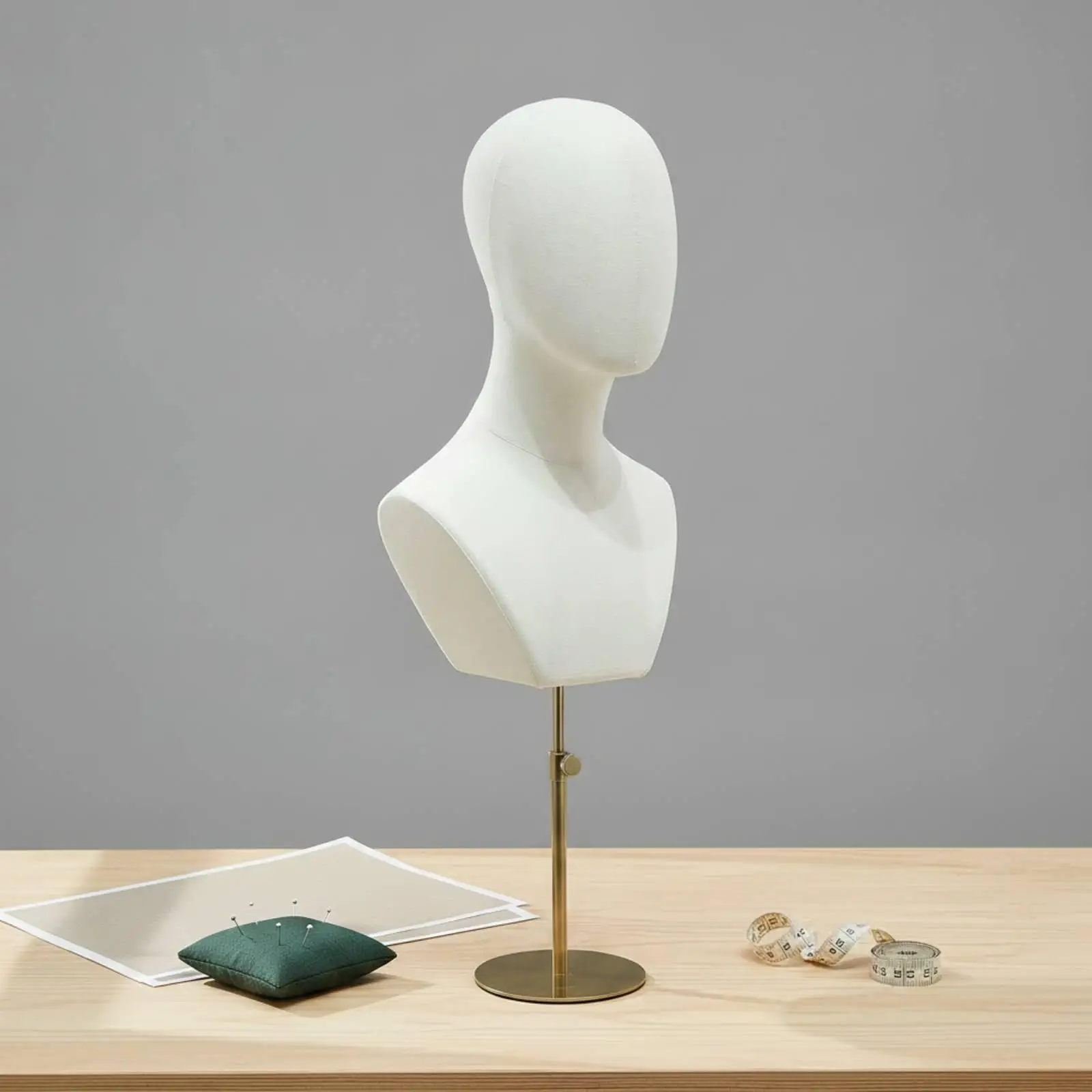 Freestanding Textile‑Covered Mannequin Bust with Shoulder Stable Metal Base for Hats Wigs Necklaces Scarves Salon Retail Display
