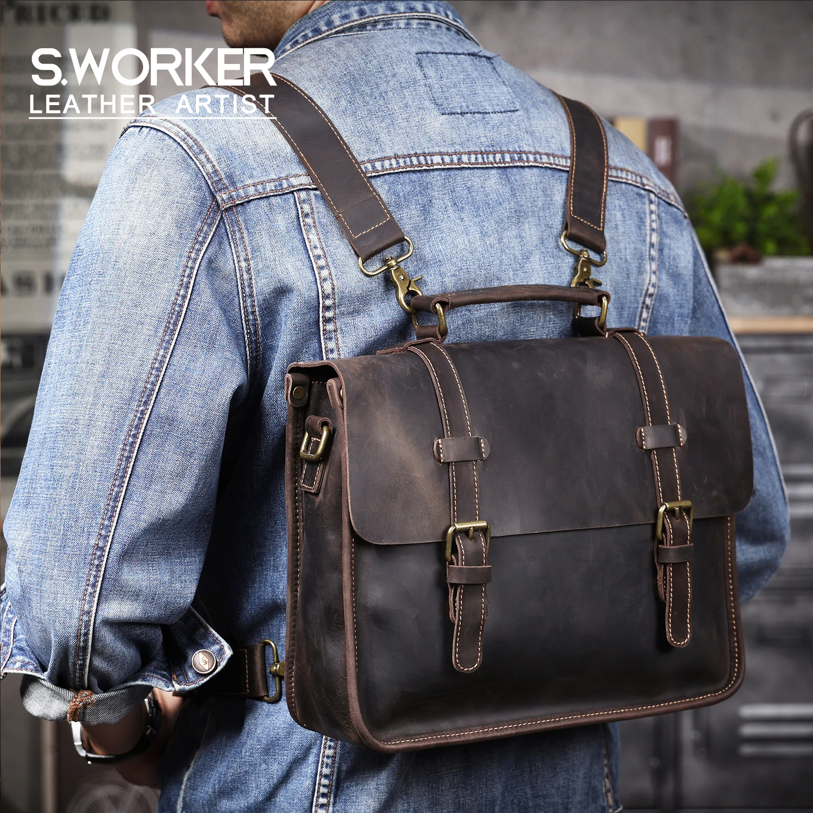 Vintage handgefertigte Aktentasche aus Crazy-Horse-Leder für Herren, echte Leder-Umhängetasche, Dual-Use-Laptop-Rucksack – Detail 2