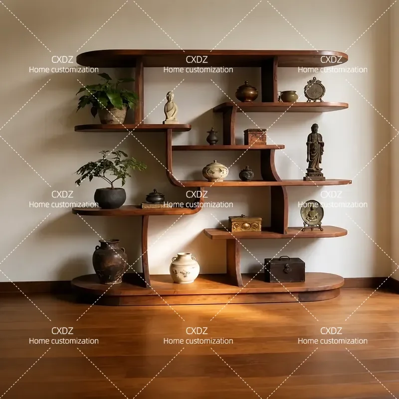 New Chinese Style Wabi Sabi Solid Wood Rack Retro Log Tea Set Storage Shelf Bogu Display Stand for Hotel Tea Room Home Decor