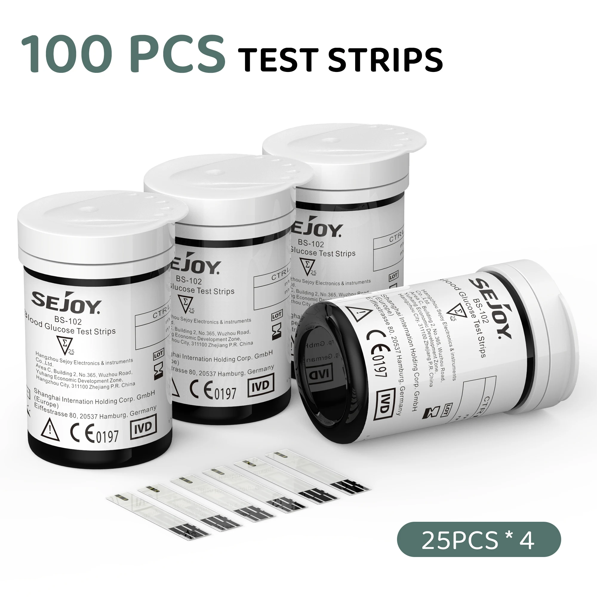 SEJOY Blutzuckermessgerät Diabetes-Testkit mit 25 Teststreifen/Lanzetten, 100 Stück Blutzuckerteststreifen für BG201/202/203