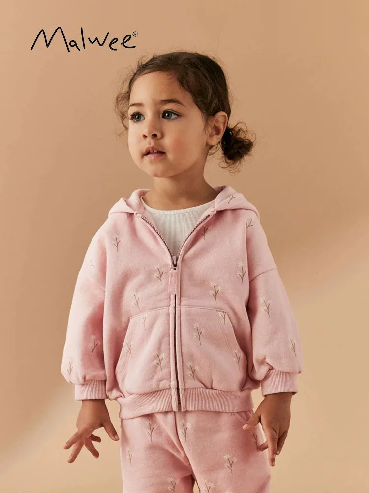Malwee pure cotton 2025 new warm children's cardigan sweatshirt unique Zippered pockets design versatile casual cute baby top's