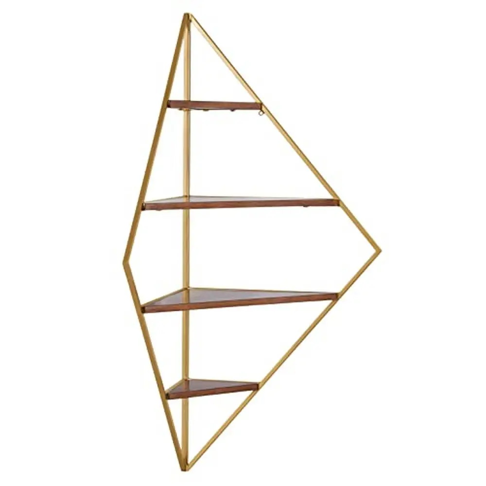 Diamond Walnut and Gold Floating Corner Shelf 4 Shelves Sturdy Iron Wood Glamorous Design Easy Hanging Mid-Century Modern Office