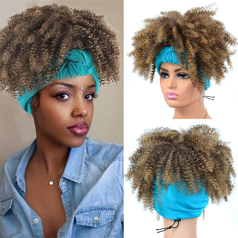 

Synthetic Short Headband Wigs with Bangs Black Afro Kinky Curly Wig Ombre Color Blue Turban Head Wrap Wigs for Black Women