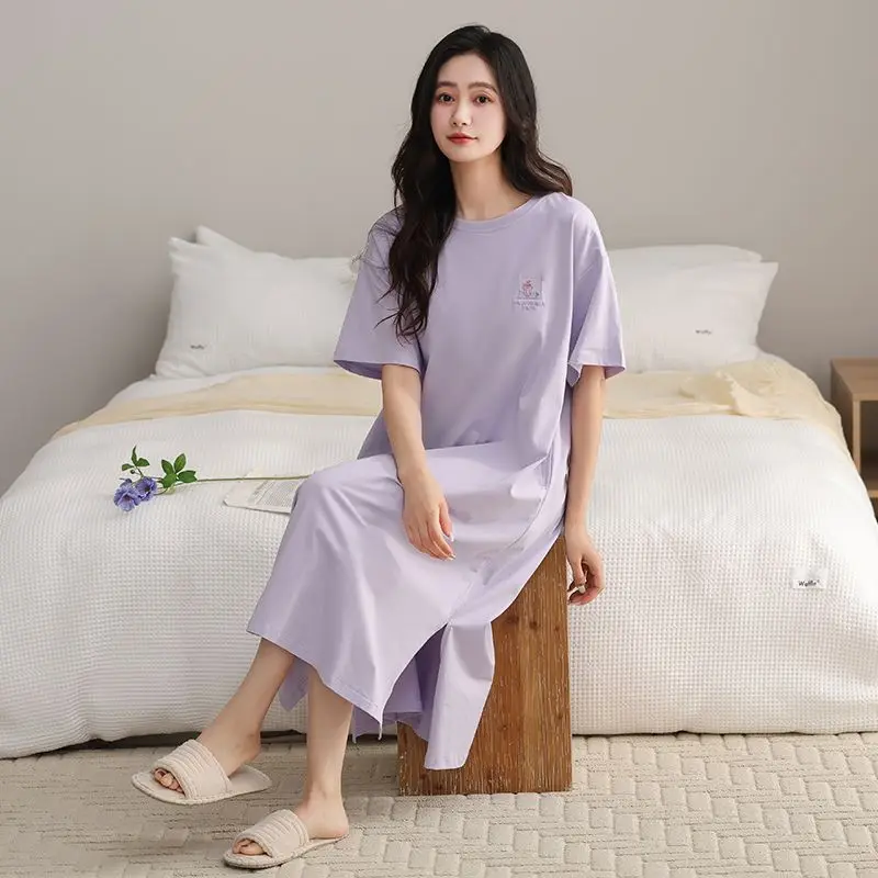 

2026 Summer Short Sleeve 100% Cotton Nightgowns for Women Korean Loose Split Long Dress Sleepwear Night Dress Nightdress Nighty