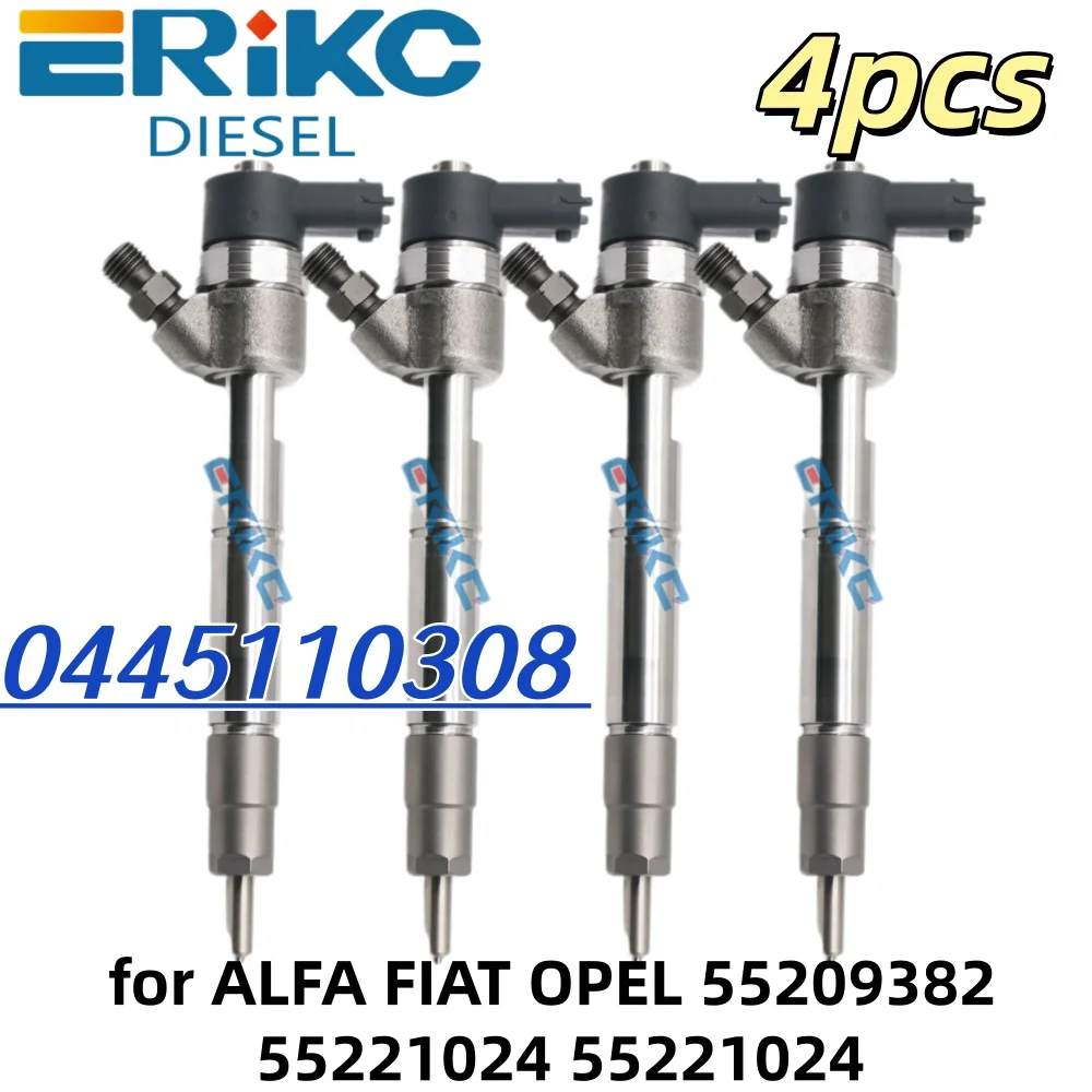 4PC 0445110308 Diesel Fuel Injector 0986435197 Sprayer Nozzle Assy 0 445 110 308 for Injection Alfa Romeo 55208183 55221022