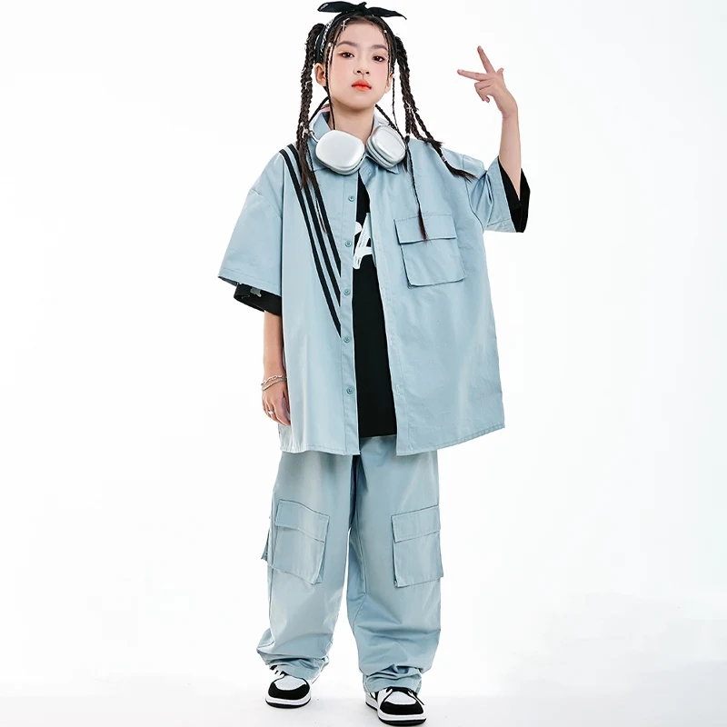 2025 trajes de dança hip hop crianças terno azul calças carga meninas meninos equipe dança rua jazz dança desempenho palco wear dn20451