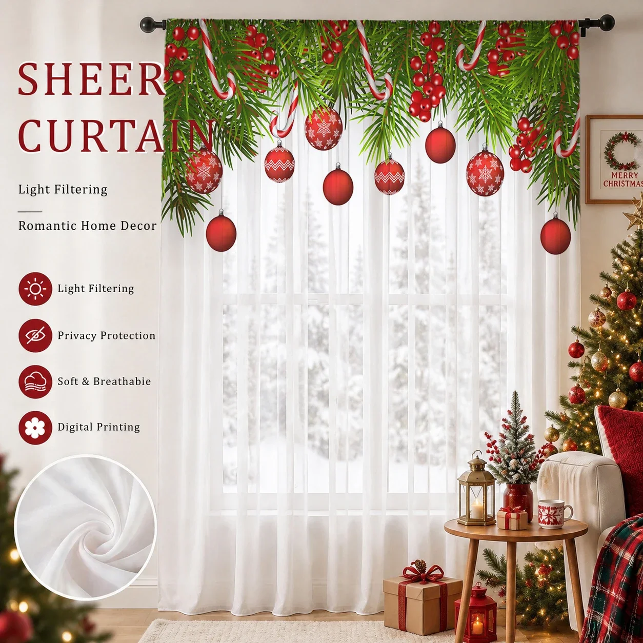 Christmas Gradient Sheer Curtain, Good Quality Light Reducing Privacy Voile for Living/Bedroom/Kids Room,Christmas's Day Gift - view 4