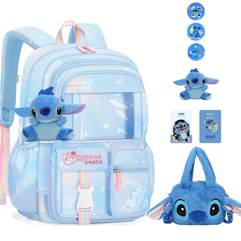 Mochila escolar MINISO Disney Stitch Kawaii Kuromi con correas ajustables, mochila de gran capacidad, Reduce la carga, protege la columna vertebral, regalo