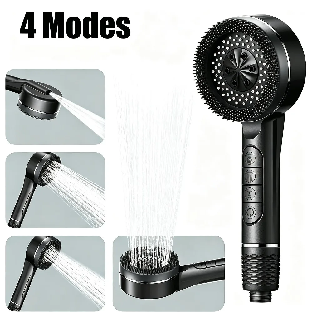 4 Modes Self-cleaning Shower Head with Silicone Brush One-Key Stop Water Massage High Pressure ABS Showerhead with Filter