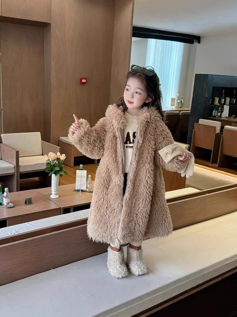 Girls Winter New Children Long Windbreaker Cotton and Thick Coat Imitating Rabbit Fur Jackets Fur Coat Trendy