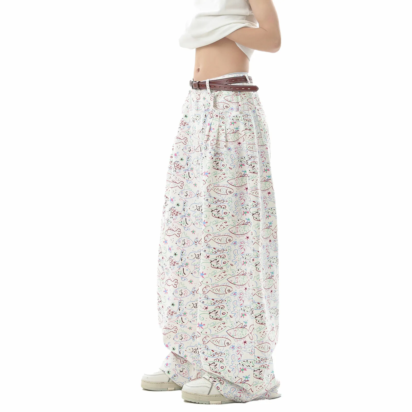 American graffiti fish pants printed wide leg pants casual pants floor length jeans